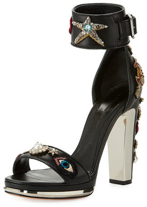 Alexander McQueen Embellished Leather Ankle-Wrap Sandal, Black/Multi