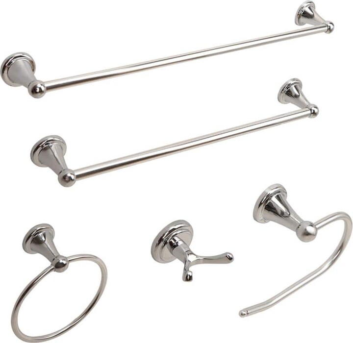 Vanity Art Rochefort 5-Piece Bath Hardware Set With Towel Hook and Ring Toilet Paper Holder Towel Bars in Polished Chrome
