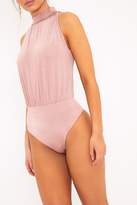 Thumbnail for your product : PrettyLittleThing Laura Pink Slinky Shimmer High Neck Thong Bodysuit