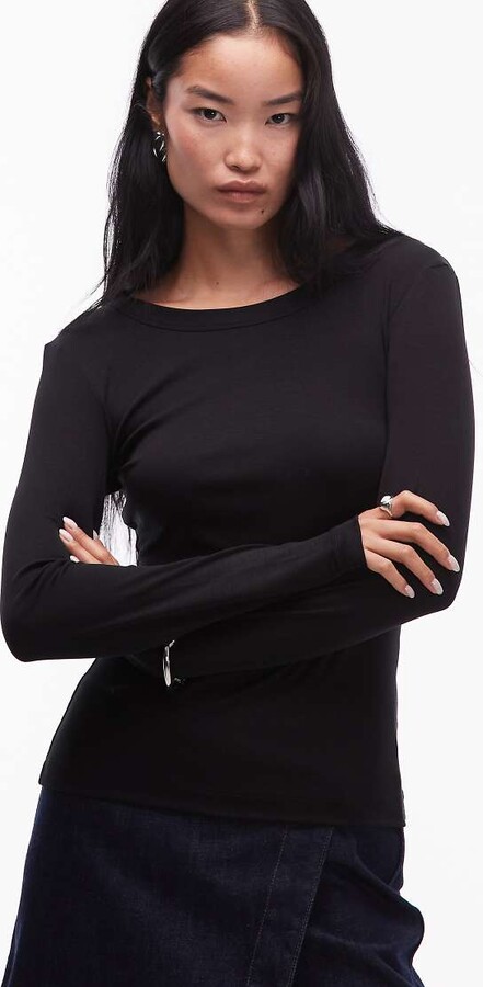 Arket ribbed jersey long sleeve top with boat neck in black