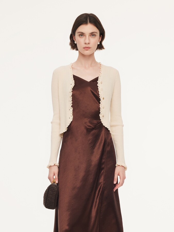 GOELIA Cotton Mulberry Silk Blend Ruffle Trim Women Cardigan - Off White / L