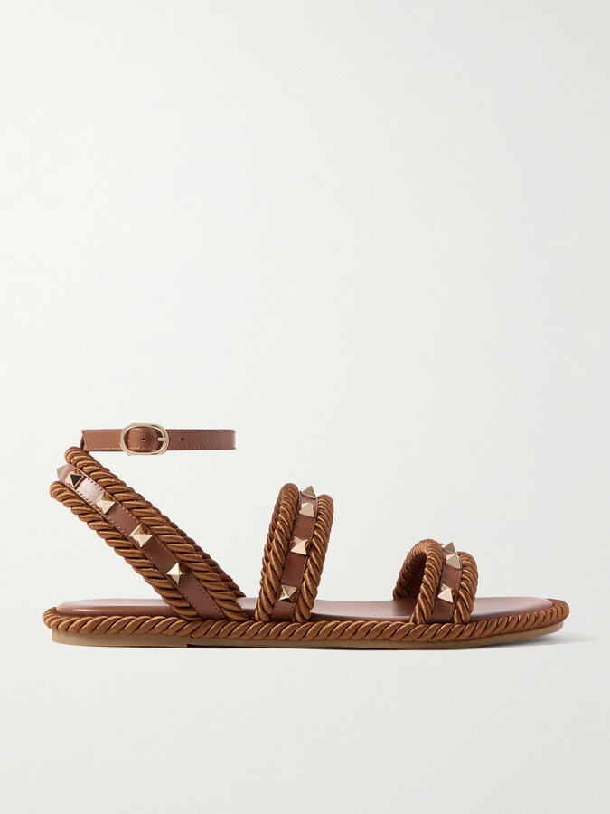Valentino Garavani Rockstud Torchon Rope-trimmed Leather Sandals - Brown