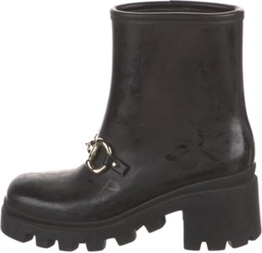 Gucci Rubber Mid-Calf Rain Boots Black Horsebit Accent Square-Toes with Leather Trim Embellishment Platform Buckle Closure At Uppers