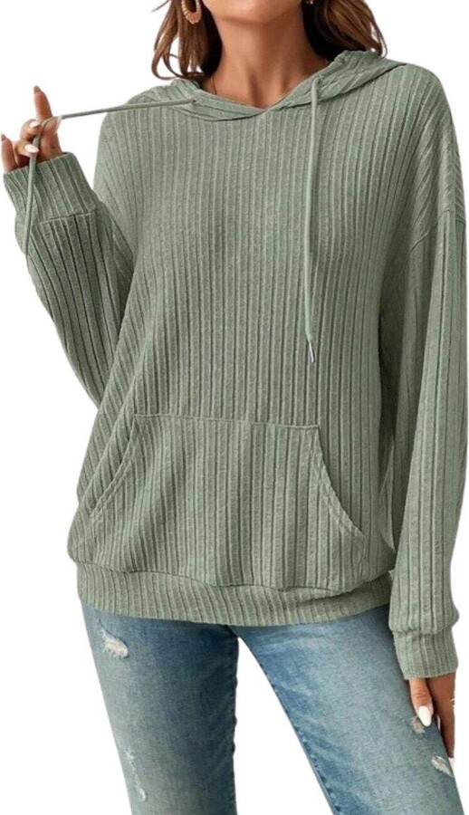 HOTYD Casual Solid Color Rib Knit Hoodies for Women Long Sleeve Loose Fit Pullover Tops Drawstring Fashion Hooded Sweatshirt with Pocket Trendy Fall Clothes for Women Green XL