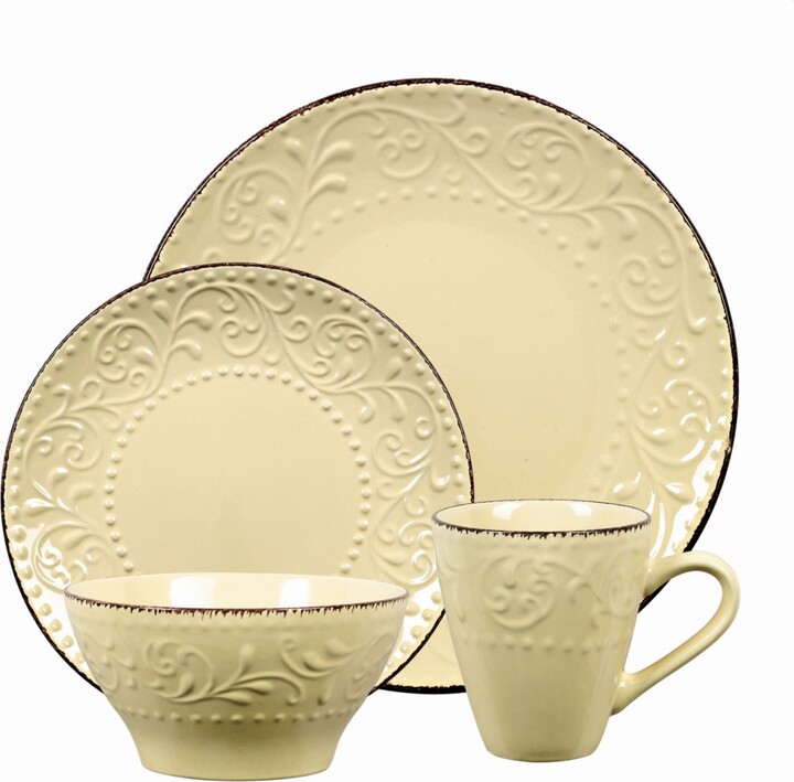 Lorren Home Trends 16 Piece Stoneware Scroll Dinnerware Set Service for 4