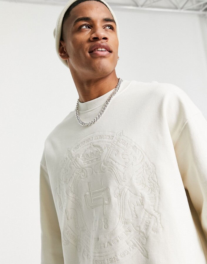 Topman oversized embroidered chest crest sweatshirt in ecru