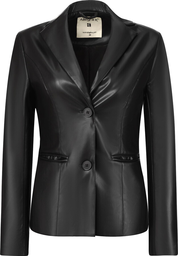 Unique Bargains Women’s Faux Leather Jacket Notched Lapel Casual Blazer XS Black