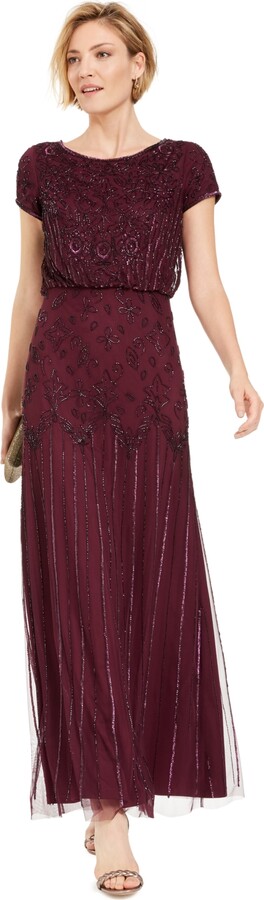 Adrianna Papell Women's Beaded Short-Sleeve Sheer-Overlay Gown