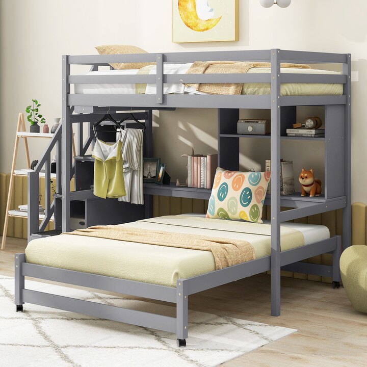 IGEMAN Twin over Full Bunk Bed with Storage Staircase, Desk, Shelves