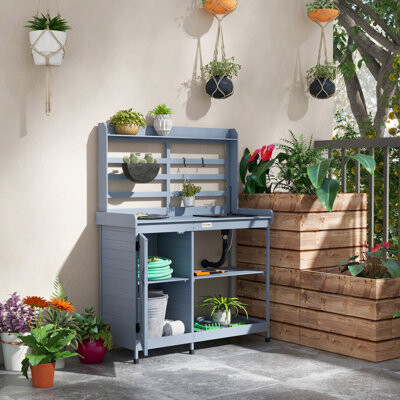Outdoor Potting Bench With Slip Feet, Wood - Stability In Backyard, Patio, Garden Workstation Shelf And Sink, Practical Gardening Station For Lawn