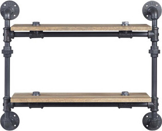 SnugglySolace 2 Tier Wall Shelving Oak Sandy Black Metal Frame Water Pipe Style Shelf  Office Decor Display Oak Finish Metal Gap Home Storage