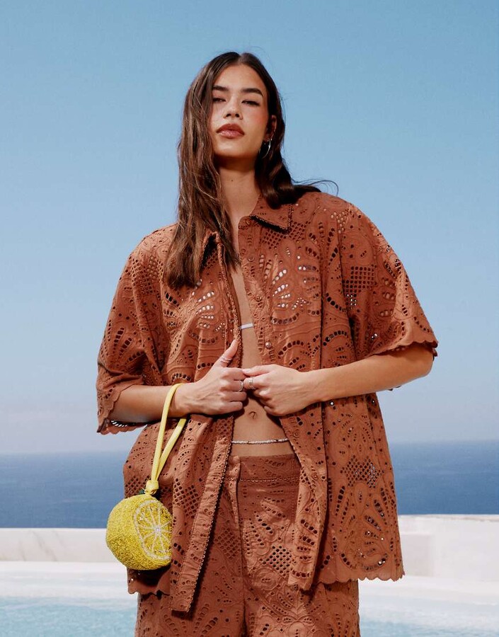 ASOS DESIGN premium broderie shirt in mocha - part of a set
