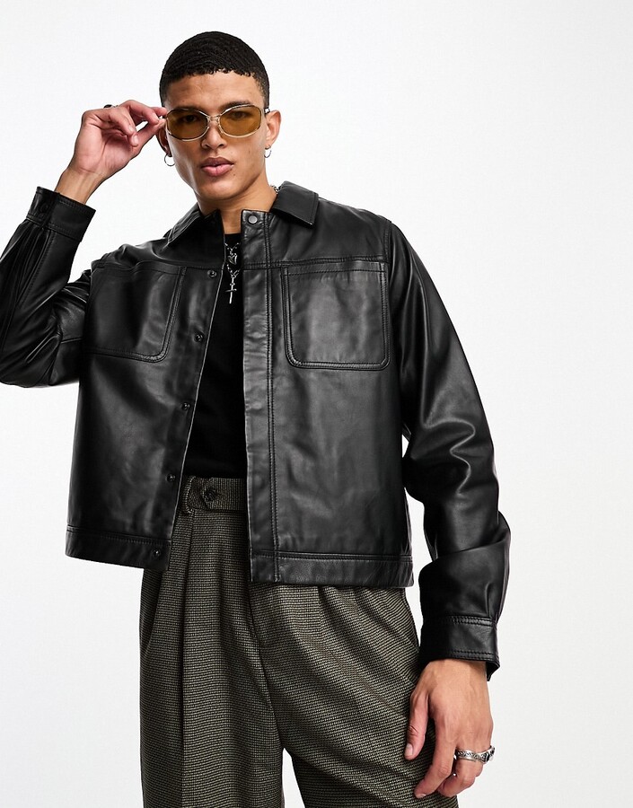 ASOS DESIGN cropped real leather harrington jacket in black - ShopStyle