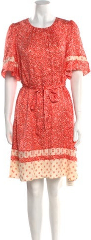 Rebecca Taylor Silk A-Line Dress Orange Floral Print Short Sleeve with Crew Neck Concealed Zip Closure at Back Designer