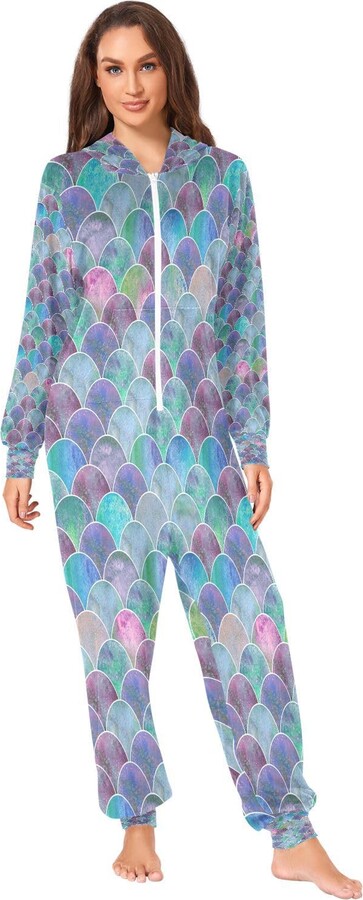 Mnsruu Mermaid Scales Unisex Onesie Pajama Jumpsuit Zippered