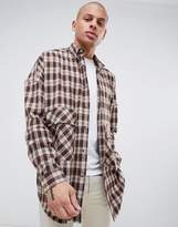 Thumbnail for your product : ASOS DESIGN oversized longline check shirt with drop shoulder in brown