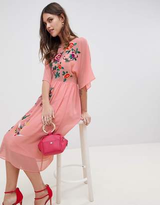 ASOS DESIGN Smock Midi Dress With Bird And Floral Embroidery