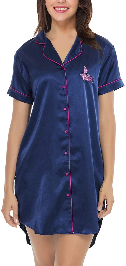 Alcea Rosea Women's Satin Nightgown Boyfriend Nightshirt Short Sleeves Button Down Nightdress Silky Sleepshirt S-XXL