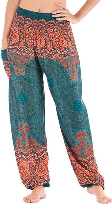 Nuofengkudu Hippie Patterned Harem Yoga Pants with Pockets Womens Loose High  Waisted Thai Trousers Lightweight Lounge Bottoms Pantaloons Summer Beach  Holiday Leisure B-Brown Peacock One Size - ShopStyle
