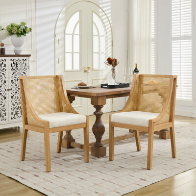 Bayou Breeze Dining Chairs, Solid Wood Frame With Decorative Armrests, Linen Upholstered Seat, Rustic Wooden Style Side Chairs For Kitchen, Dining Room, Living Roo