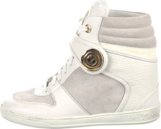 Louis Vuitton White Leather And Monogram Suede Millenium Wedge Sneakers  Size 36.5 Louis Vuitton