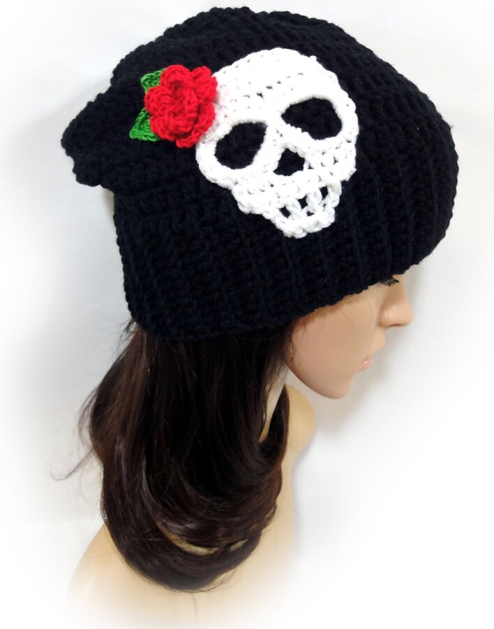 Etsy Skull & Rose Crochet Slouchy Hat. Sugar Beanie. Black Or 43 Colors. Teens Women's Fashion Warm Autumn Fall Winter Accessory