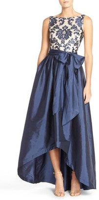 Adrianna Papell Women's High Low Gown with Sequin Embroidered Bodice and Taffeta Skirt