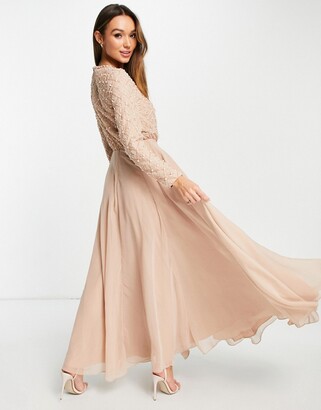 ASOS DESIGN Bridesmaid maxi dress with long sleeve embellishment & tulle skirt in blush