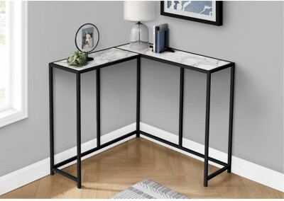 Latitude Run Narrow Corner Console Table For Living & Bedroom - White Marble Look Laminate Black Metal Frame Modern Room Laminate Top Metal Rm