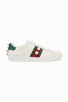 Gucci Ace Faux Pearl-embellished Metallic Watersnake-trimmed Leather Sneakers