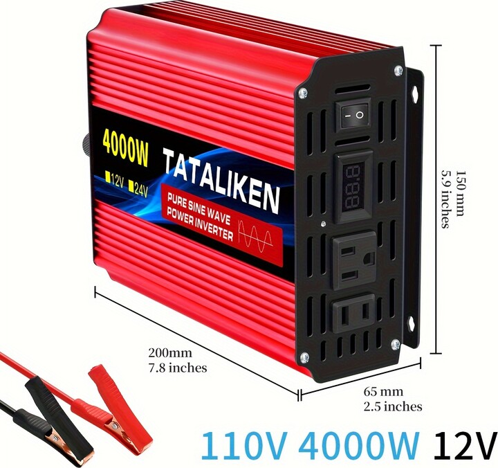 Temu 4000w Pure Sine Inverter 12v-24v To 110v Ac - Portable For Travel, Outdoor & Home Use, For Phones/tablets, Compatible With Lfd/agm/gel/ Batteries, Durable Plastic Casing, Aluminum Heat Sink
