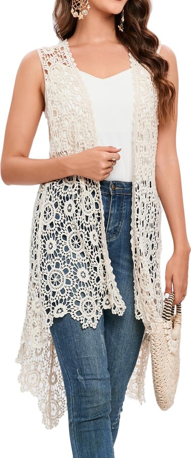 Top Crochet Sleeveless Jacket Cefulnel Women's Casual Long Crochet