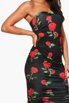 Thumbnail for your product : boohoo Womens Greta Rose Print Bandeau Ruched Midi Dress