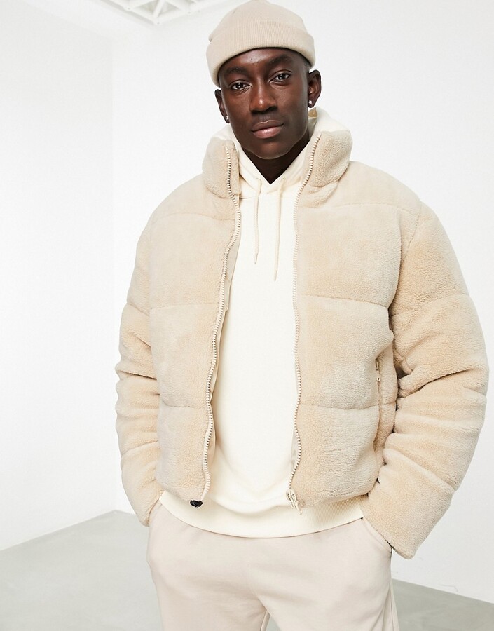 ASOS DESIGN borg puffer jacket in ecru - ShopStyle
