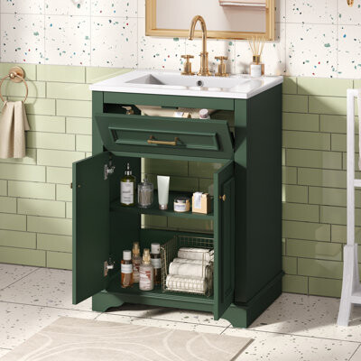 Winston Porter 24 Inch Bathroom Vanity with Integrated Ceramic Sink Storage Cabinet & Tilt-Down Compartment Green