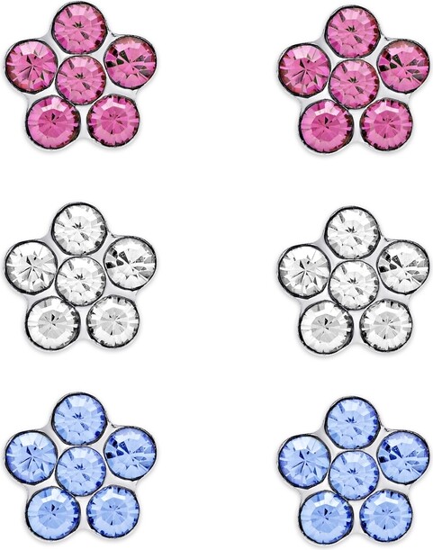 Lily Nily Crystal Flowers 3 Pairs Studs Set in Sterling Silver - Pink, white, and blue