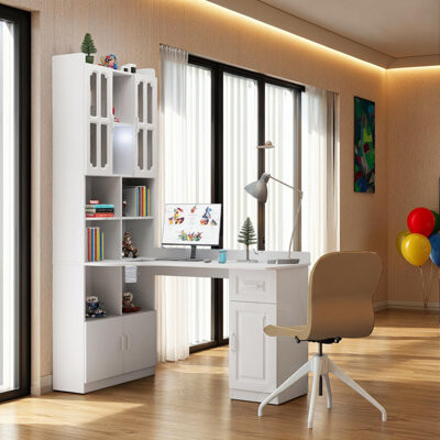 Lark Manor 2-in-1 L-Shaped Computer Desk 55.12''L Study Desk with Bookshelf Hutch Cabinet