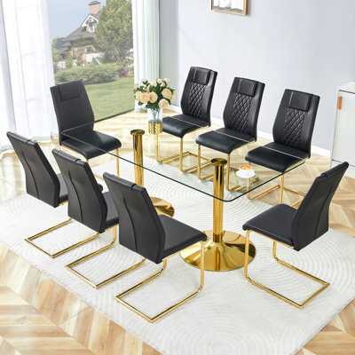 Wrought Studio Modern Dining Table Sets With Glass Top And Pu Leather Chairs, 8 Seater
