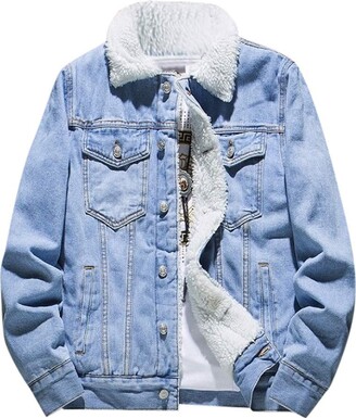 iYmitz Men's Coats Denim Jacket Autumn Winter Warm Fur Collar Cotton Coat Pocket Button Long Sleeve Outwear Tops Thicken Warm Slim Fit Coat Long Sleeve Multi Pockets Large Size（Blue，S）