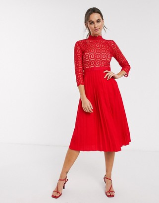 Little Mistress lace and pleat skater dress in red