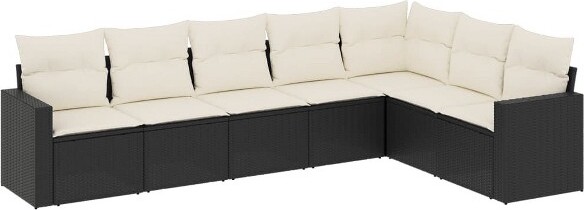 VidaXL vidaXL7PiecePatioSofaSetwithCushionsBlackPolyRattan-BlackandCreamWithoutTable