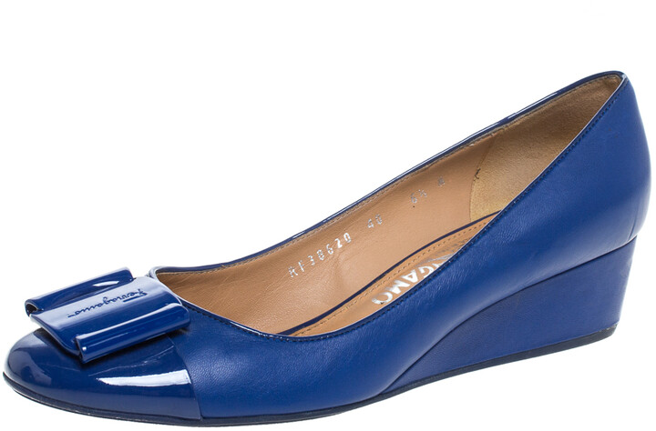 Salvatore Ferragamo Blue Leather And Patent 'Petra' Wedge Cap Toe Pumps  Size 37 - ShopStyle