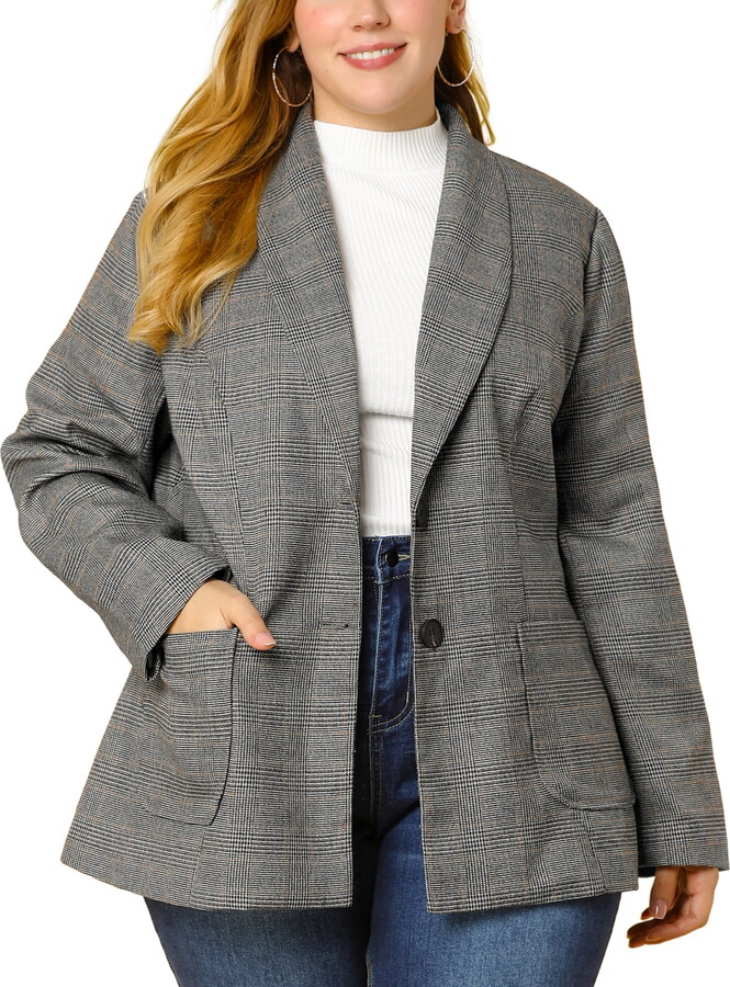 Unique Bargains Juniors’ Plus Size Plaid Notched Lapel Collar Blazers
