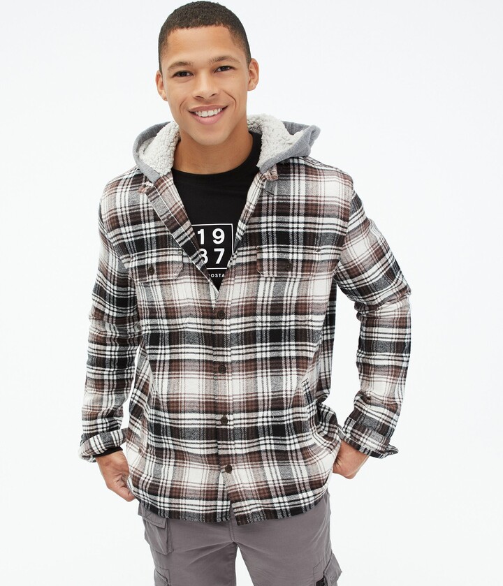 Abetteric Mens Long-Sleeve Flannel Plaid with Hood Relaxed Shirt Tops