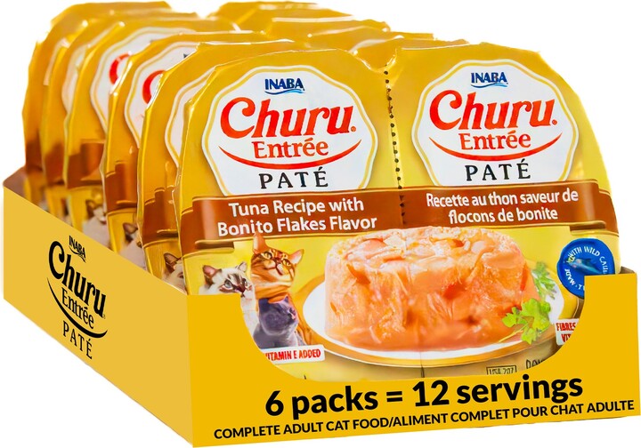 Inaba Churu Entrée Tuna Recipe with Bonito Flakes Flavor Grain-Free, High Moisture Pate Wet Cat Food, 2.46-oz twin cups, 12 servings