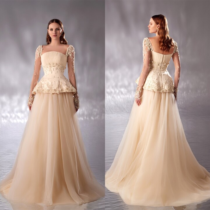 ZHUANQING Customized Delicate Ivory Tulle Evening Dress Square Collar Long Sleeves Special Occasion Gowns Celebrity Gowns Appliques
