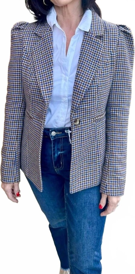 Merci Cabane Puff Sleeve Blazer In Brown Cobalt Blue