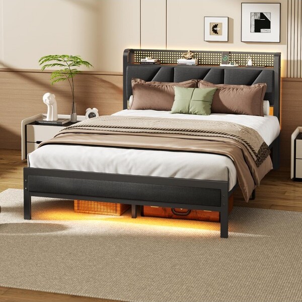 Furnulem FullSizeBedFramewithGreyUpholsteredStorageHeadboardwithShelfMetalPlatformBedwithHeavyDutySlatsNoBoxSpringNeeded