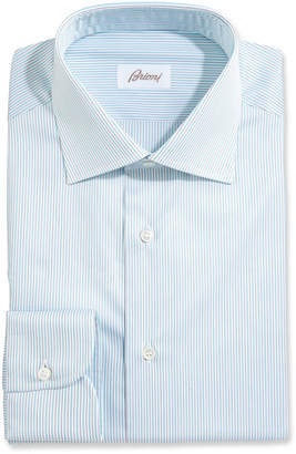 Brioni Fine-Stripe Dress Shirt, White/Aqua/Gray
