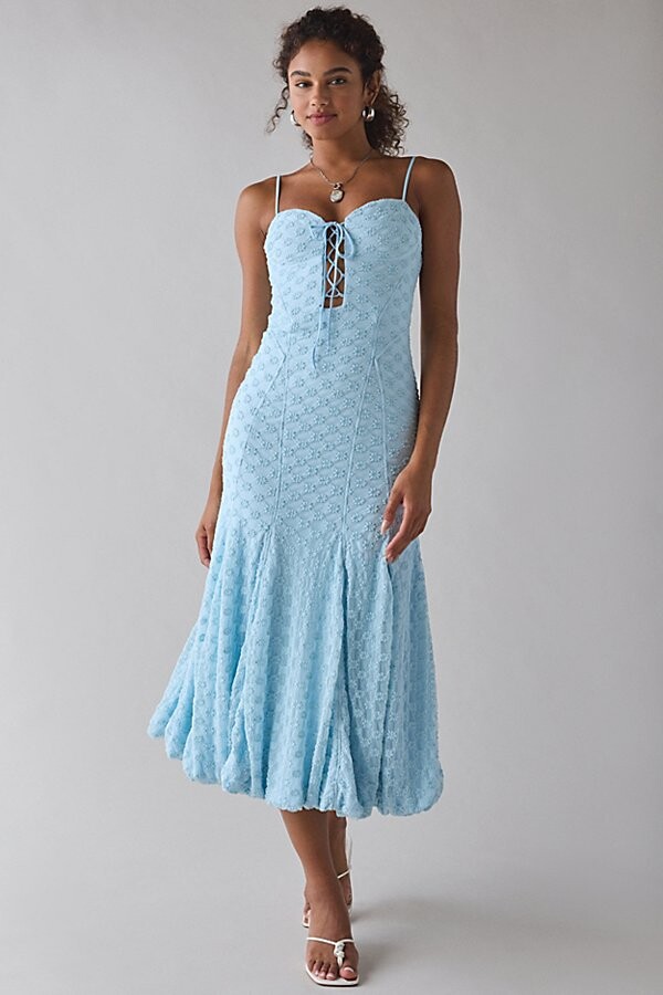 Bardot Delaney Soft Blue Lace Bubble Hem Midi Dress in Soft Blue